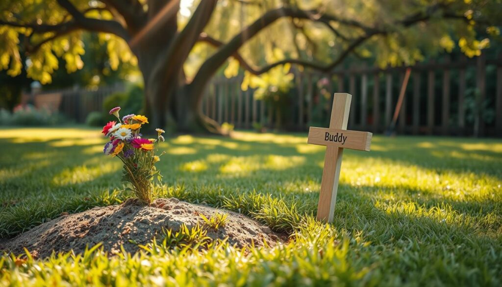 A serene garden scene depicting a small section of lawn where a dog has been buried. In the foreground, there is a gently disturbed patch of earth, subtly indicating a burial site, with plucked grass and a small bouquet of colorful wildflowers placed atop. A wooden cross with the name “Buddy” engraved can be seen leaning against the surrounding soil. In the middle ground, an old, peaceful tree casts soft shadows, with rays of warm sunlight filtering through the leaves, creating a gentle and reflective atmosphere. In the background, a neat garden fence can be seen along with a few scattered garden tools, implying care and maintenance of the space. The lighting is soft and warm, evoking a somber yet respectful mood. The angle is slightly elevated to capture the heartfelt tribute. A serene garden scene depicting a small section of lawn where a dog has been buried. In the foreground, there is a gently disturbed patch of earth, subtly indicating a burial site, with plucked grass and a small bouquet of colorful wildflowers placed atop. A wooden cross with the name “Buddy” engraved can be seen leaning against the surrounding soil. In the middle ground, an old, peaceful tree casts soft shadows, with rays of warm sunlight filtering through the leaves, creating a gentle and reflective atmosphere. In the background, a neat garden fence can be seen along with a few scattered garden tools, implying care and maintenance of the space. The lighting is soft and warm, evoking a somber yet respectful mood. The angle is slightly elevated to capture the heartfelt tribute.