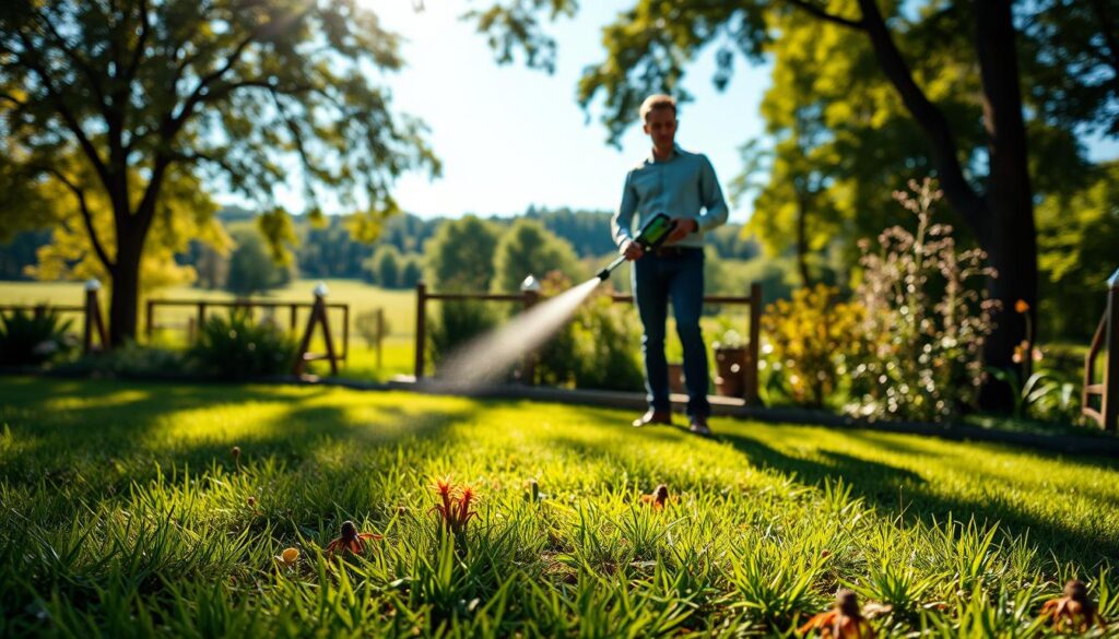 A serene garden scene depicting effective tick prevention measures. In the foreground, a well-maintained lawn with freshly cut grass, sprinkled with some innovative, colorful pest-repellent plants. In the middle ground, a person in smart casual attire demonstrates using a battery-operated sprayer to apply a natural insect repellent, showing safe and responsible gardening practices. The background features a lush landscape with trees and a clear blue sky, enhancing the outdoor setting. Soft, warm sunlight filters through the leaves, creating dappled light patterns on the ground, evoking a calm and proactive atmosphere. The composition is well-balanced, inviting viewers to engage in tick prevention while enjoying nature. A serene garden scene depicting effective tick prevention measures. In the foreground, a well-maintained lawn with freshly cut grass, sprinkled with some innovative, colorful pest-repellent plants. In the middle ground, a person in smart casual attire demonstrates using a battery-operated sprayer to apply a natural insect repellent, showing safe and responsible gardening practices. The background features a lush landscape with trees and a clear blue sky, enhancing the outdoor setting. Soft, warm sunlight filters through the leaves, creating dappled light patterns on the ground, evoking a calm and proactive atmosphere. The composition is well-balanced, inviting viewers to engage in tick prevention while enjoying nature.