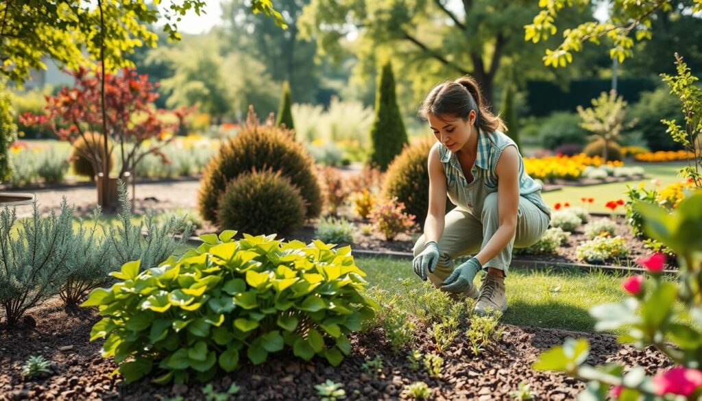 A serene garden scene depicting the optimal time for transplanting plants. In the foreground, a gardener in modest casual clothing is carefully digging around a vibrant perennial plant, showcasing its lush foliage and healthy roots. In the middle, various species of shrubs and small trees are arranged, illustrating different stages of growth and seasonal color changes, such as autumn hues. The background features a soft-focus landscape with well-tended garden beds, bright flowers in bloom, and dappled sunlight filtering through leafy branches. The mood is tranquil and focused, capturing the essence of garden maintenance during the ideal transplanting period. Utilize soft, natural lighting to enhance the freshness of the scene, with a slightly blurred depth of field to draw attention to the gardener's careful work.
