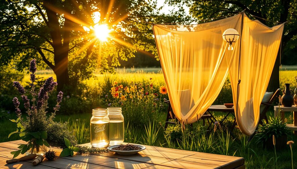 A serene garden scene during the golden hour, illuminated by warm, soft sunlight filtering through lush green trees. In the foreground, a wooden table is adorned with aromatic herbs like lavender, basil, and citronella, known for their mosquito-repelling properties. Nearby, natural traps made of jars filled with sugar water and vinegar attract pests, subtly blending into the environment. In the middle ground, vibrant wildflowers bloom, surrounded by lush grass, creating a captivating backdrop. Gently swaying in the breeze, a DIY mosquito net hangs gracefully over a cozy outdoor seating area, evoking a sense of comfort and natural tranquility. The overall mood is peaceful and inviting, emphasizing the beauty and functionality of natural methods for mosquito control in a garden setting. A serene garden scene during the golden hour, illuminated by warm, soft sunlight filtering through lush green trees. In the foreground, a wooden table is adorned with aromatic herbs like lavender, basil, and citronella, known for their mosquito-repelling properties. Nearby, natural traps made of jars filled with sugar water and vinegar attract pests, subtly blending into the environment. In the middle ground, vibrant wildflowers bloom, surrounded by lush grass, creating a captivating backdrop. Gently swaying in the breeze, a DIY mosquito net hangs gracefully over a cozy outdoor seating area, evoking a sense of comfort and natural tranquility. The overall mood is peaceful and inviting, emphasizing the beauty and functionality of natural methods for mosquito control in a garden setting.
