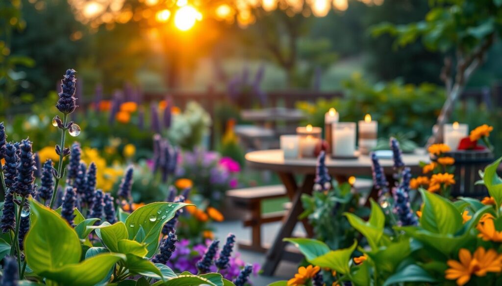 A serene garden scene during twilight, showcasing various plants known to repel mosquitoes, such as lavender, citronella, and marigolds, artistically arranged in vibrant flower beds. In the foreground, capture lush green leaves glistening with dew drops, emphasizing their freshness. The middle ground features a quaint wooden table set with eco-friendly mosquito traps and citron-scented candles, creating a cozy atmosphere. The background fades into softly illuminated trees under a warm, glowing sunset, enhancing the tranquil mood. The scene is bathed in gentle, natural lighting, with a slight bokeh effect to create depth, inviting viewers to imagine enjoying peaceful evenings outdoors, free from mosquito disturbances. A serene garden scene during twilight, showcasing various plants known to repel mosquitoes, such as lavender, citronella, and marigolds, artistically arranged in vibrant flower beds. In the foreground, capture lush green leaves glistening with dew drops, emphasizing their freshness. The middle ground features a quaint wooden table set with eco-friendly mosquito traps and citron-scented candles, creating a cozy atmosphere. The background fades into softly illuminated trees under a warm, glowing sunset, enhancing the tranquil mood. The scene is bathed in gentle, natural lighting, with a slight bokeh effect to create depth, inviting viewers to imagine enjoying peaceful evenings outdoors, free from mosquito disturbances.