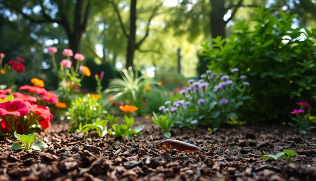 A serene garden scene featuring a European garden setting, showcasing various plants and flowers in vibrant colors. In the foreground, a single turkucz podjadek (a type of cockroach or pest) is prominently displayed, blending in with the earthy tones of the soil. The middle ground features lush greenery and ornamental shrubs, adding depth and texture to the composition. In the background, soft, dappled sunlight filters through the leaves of tall trees, creating a peaceful atmosphere. The image is captured with a shallow depth of field, highlighting the turkucz podjadek while softly blurring the surrounding foliage. The overall mood is calm, emphasizing the natural ecosystem. A serene garden scene featuring a European garden setting, showcasing various plants and flowers in vibrant colors. In the foreground, a single turkucz podjadek (a type of cockroach or pest) is prominently displayed, blending in with the earthy tones of the soil. The middle ground features lush greenery and ornamental shrubs, adding depth and texture to the composition. In the background, soft, dappled sunlight filters through the leaves of tall trees, creating a peaceful atmosphere. The image is captured with a shallow depth of field, highlighting the turkucz podjadek while softly blurring the surrounding foliage. The overall mood is calm, emphasizing the natural ecosystem.