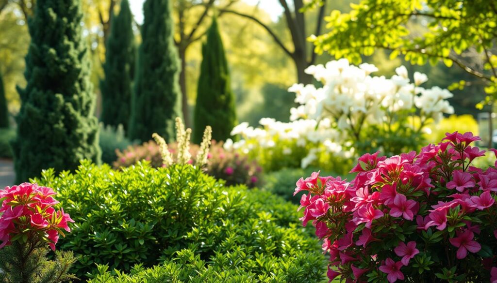 A serene garden scene featuring a variety of shrubs and trees ideal for planting beside rhododendrons. In the foreground, lush green azaleas with vibrant pink flowers are interspersed with smaller evergreen shrubs, creating a colorful tapestry. The middle ground showcases tall, slender conifers providing a contrasting height, while flowering dogwoods add bursts of white blossoms. In the background, a soft sunlight filters through the leaves, creating dappled shadows on the ground. The atmosphere is tranquil and inviting, perfect for a garden setting. The image is captured with a shallow depth of field, emphasizing the plants, while the soft focus on the background adds a dreamy quality. Ensure no text overlays or watermarks are included.