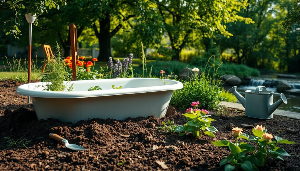 A serene garden scene featuring an old bathtub being prepared for planting. In the foreground, the bathtub is partially buried in rich soil, surrounded by tools like a trowel and a watering can. The middle ground shows vibrant plants and flowers being arranged around the bathtub, with herbs and colorful blooms spilling over the edges. In the background, there are lush green trees and a softly flowing water source, creating a tranquil atmosphere. Soft morning light filters through the leaves, casting gentle shadows. The angle is slightly elevated, capturing the entire setup, with a focus on the transformation of the bathtub into a charming garden feature. The overall mood is inviting and creative, reflecting a harmonious blend of nature and innovation. A serene garden scene featuring an old bathtub being prepared for planting. In the foreground, the bathtub is partially buried in rich soil, surrounded by tools like a trowel and a watering can. The middle ground shows vibrant plants and flowers being arranged around the bathtub, with herbs and colorful blooms spilling over the edges. In the background, there are lush green trees and a softly flowing water source, creating a tranquil atmosphere. Soft morning light filters through the leaves, casting gentle shadows. The angle is slightly elevated, capturing the entire setup, with a focus on the transformation of the bathtub into a charming garden feature. The overall mood is inviting and creative, reflecting a harmonious blend of nature and innovation.