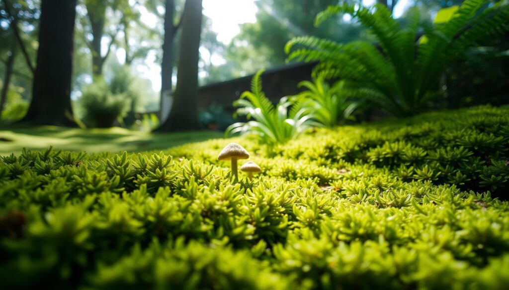 A serene garden scene featuring lush green moss thriving in a shaded area beneath a canopy of trees. In the foreground, rich, velvety moss carpets the ground, with soft sunlight filtering through the leaves, creating a dappled light effect. In the middle ground, a couple of tiny mushrooms peek through the moss, adding a whimsical touch. The background showcases tall trees with thick trunks and delicate ferns growing nearby, emphasizing the cool, tranquil atmosphere. The lighting is soft and diffused, highlighting the different shades of green and creating a peaceful, inviting mood. The image is captured from a low angle, focusing on the texture and growth patterns of the moss, inviting viewers into this lush, shaded oasis.