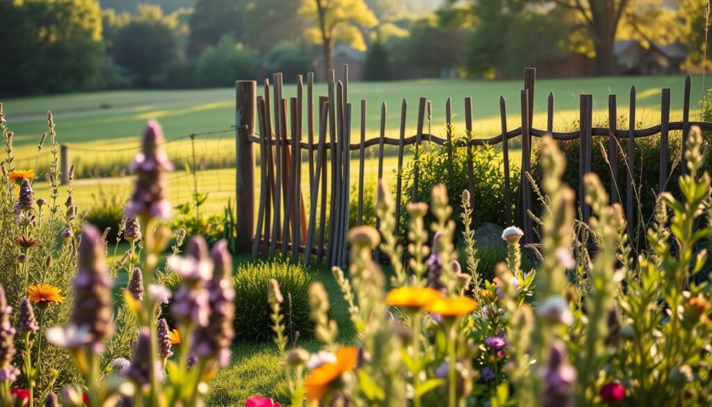 A serene garden scene featuring various plants and decorative fences designed to deter deer. In the foreground, vibrant flowers and aromatic herbs such as lavender and rosemary emit subtle scents, attracting attention. The middle ground showcases a rustic wooden fence with tall stakes and effective barriers to keep deer away, complemented by strategically placed prickly bushes. The background displays a lush green landscape under soft golden sunlight, casting gentle shadows across the garden. A peaceful atmosphere prevails, with a hint of mystery in the air as the viewer imagines the garden as a safe haven. The image should evoke a sense of tranquility and protection, capturing the essence of a deer-resistant garden without any human presence.