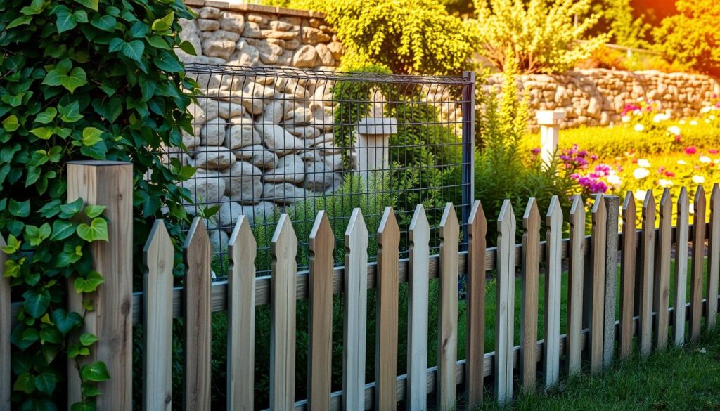 A serene garden scene featuring various types of fences designed to protect against deer. In the foreground, showcase a wooden picket fence, sturdy and tall, with green vines climbing up its sides. The middle ground includes a metal wire fence, blending with thorny bushes that deter deer. A rustic stone wall can be seen behind, partially overgrown with plants. The background features a vibrant garden with colorful flowers and shrubs, bathed in soft, warm sunlight to create an inviting atmosphere. The angle should be slightly elevated, providing a wide view of the garden layout, emphasizing the harmonious blend of nature and protective structures. The overall mood is peaceful yet secure, illustrating an effective barrier against deer.