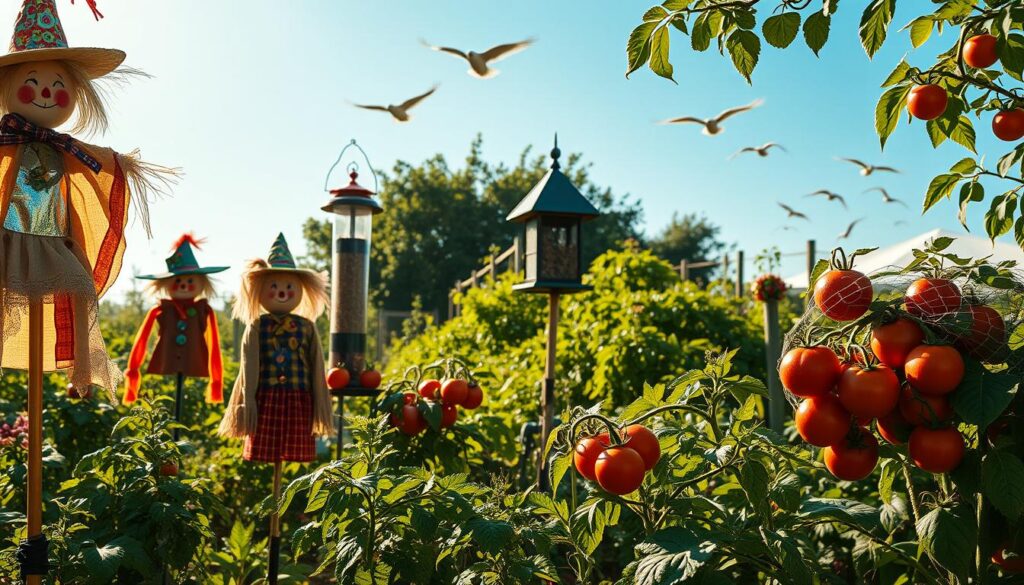 A serene garden scene filled with vibrant fruits and vegetables, showing various humane bird deterrents in action. In the foreground, colorful scarecrows adorned with reflective materials and visual patterns catch the light, hinting at movement. In the middle ground, a bird feeder designed to attract only specific bird species stands juxtaposed with bird-safe netting draped over ripe tomatoes. The background features lush greenery under a clear blue sky, with birds soaring peacefully in the distance, emphasizing an ecological balance. Soft, warm sunlight bathes the scene, creating a calming atmosphere while casting gentle shadows to enhance depth. The mood is tranquil yet purposeful, reflecting the harmony between protecting crops and caring for wildlife.