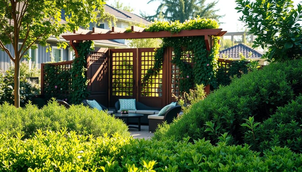 A serene garden scene focused on privacy solutions, featuring a lush green hedge as the primary foreground element, creating a natural barrier. In the middle ground, there are elegant wooden privacy panels, adorned with climbing plants for a more vibrant touch. A decorative pergola with climbing vines can be seen on one side, offering an inviting seating area beneath it. The background features blooming flowers and soft sunlight filtering through the leaves, enhancing the tranquil atmosphere. The image should have a warm, inviting mood, captured from a slightly elevated angle to showcase the layers of greenery and structure. Use natural lighting to highlight the textures and colors, creating a peaceful oasis away from neighbors.