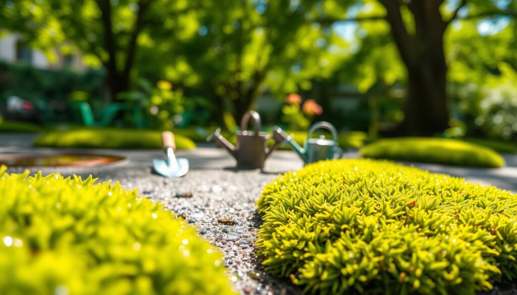 A serene garden scene focused on the art of cultivating moss, showcasing lush green moss growing vibrantly on a textured stone surface. In the foreground, a carefully arranged patch of moss is richly detailed, with droplets of water glistening on its surface, indicating the ideal moisture conditions. In the middle ground, there are well-tended miniature garden tools such as a small trowel and watering can, hinting at the gardening process. In the background, dappled sunlight filters through leafy trees, creating a warm, inviting atmosphere. A slightly blurred depth of field emphasizes the moss in the foreground while keeping the garden tools and background soft yet engaging. The overall mood is tranquil and encouraging, perfect for gardening enthusiasts looking to grow moss successfully. A serene garden scene focused on the art of cultivating moss, showcasing lush green moss growing vibrantly on a textured stone surface. In the foreground, a carefully arranged patch of moss is richly detailed, with droplets of water glistening on its surface, indicating the ideal moisture conditions. In the middle ground, there are well-tended miniature garden tools such as a small trowel and watering can, hinting at the gardening process. In the background, dappled sunlight filters through leafy trees, creating a warm, inviting atmosphere. A slightly blurred depth of field emphasizes the moss in the foreground while keeping the garden tools and background soft yet engaging. The overall mood is tranquil and encouraging, perfect for gardening enthusiasts looking to grow moss successfully.