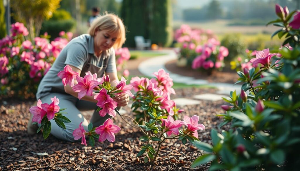 A serene garden scene focused on the care of a blooming azalea plant. In the foreground, a gardener in modest casual clothing kneels on the ground, gently pruning vibrant pink azalea flowers. The middle ground showcases a variety of azaleas in full bloom, surrounded by lush green foliage and a rich, brown mulch. The background features blurred garden pathways and a softly lit, sun-drenched landscape that creates a warm, inviting atmosphere. The lighting is soft and natural, enhancing the colors of the flowers and the richness of the garden. The angle captures the gardener’s focused expression, revealing a nurturing approach to gardening, embodying the essence of loving plant care.