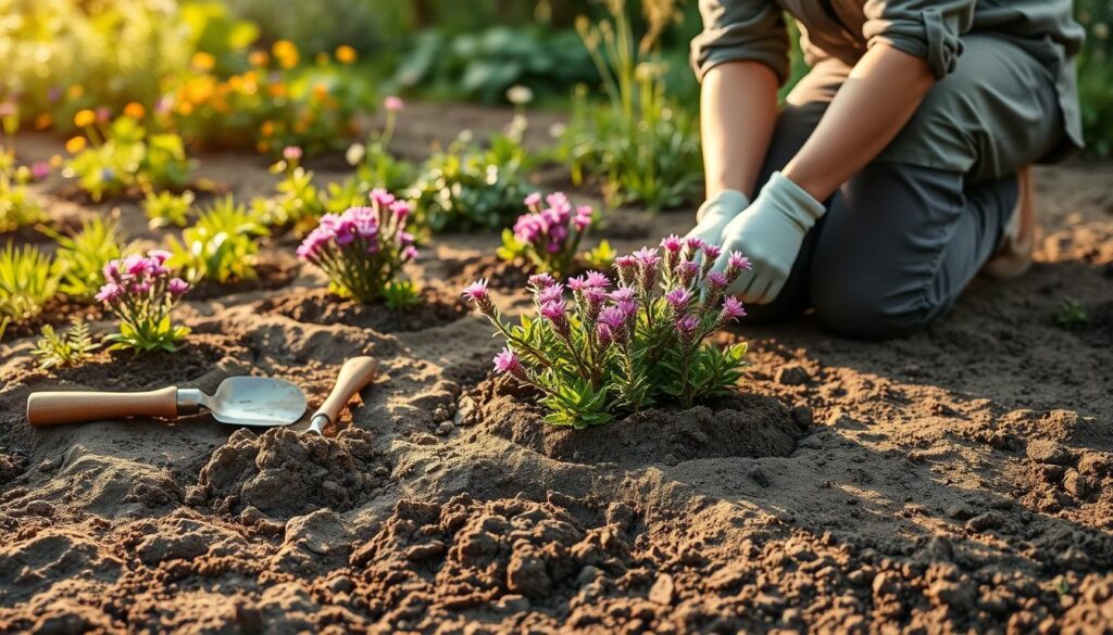 A serene garden scene illustrating the process of planting heather. In the foreground, a gardener in modest, casual clothing kneels on soft, damp soil, carefully placing fresh heather plants with vibrant purple and green foliage into the ground. The middle ground features a selection of gardening tools, including a trowel and gloves, arranged neatly beside newly dug holes filled with rich, acidic soil. In the background, a lush garden blooms with various plants under soft, golden afternoon sunlight, casting gentle shadows. The atmosphere is calming and inviting, encouraging viewers to engage with nature and consider their own gardening endeavors. The angle is slightly elevated, capturing both the intricate details in the foreground and the broader landscape, while maintaining a focus on the act of planting. A serene garden scene illustrating the process of planting heather. In the foreground, a gardener in modest, casual clothing kneels on soft, damp soil, carefully placing fresh heather plants with vibrant purple and green foliage into the ground. The middle ground features a selection of gardening tools, including a trowel and gloves, arranged neatly beside newly dug holes filled with rich, acidic soil. In the background, a lush garden blooms with various plants under soft, golden afternoon sunlight, casting gentle shadows. The atmosphere is calming and inviting, encouraging viewers to engage with nature and consider their own gardening endeavors. The angle is slightly elevated, capturing both the intricate details in the foreground and the broader landscape, while maintaining a focus on the act of planting.