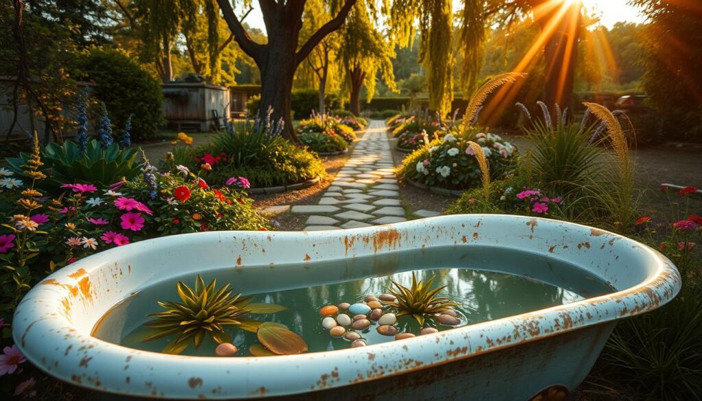 A serene garden scene showcasing a creatively repurposed vintage bathtub surrounded by vibrant flowers and lush greenery. In the foreground, the rusty yet charming bathtub is filled with clear water, reflecting the sky, and decorated with floating aquatic plants and colorful pebbles. The middle ground features a variety of flowering plants and small ornamental grasses, adding life and texture. In the background, a tranquil pathway leads through the garden, bordered by tall trees gently swaying in the breeze. The lighting is soft and warm, capturing the golden hour, with sun rays filtering through the leaves, creating dappled patterns on the ground. The overall atmosphere is peaceful and inviting, encouraging relaxation in this unique outdoor space. A serene garden scene showcasing a creatively repurposed vintage bathtub surrounded by vibrant flowers and lush greenery. In the foreground, the rusty yet charming bathtub is filled with clear water, reflecting the sky, and decorated with floating aquatic plants and colorful pebbles. The middle ground features a variety of flowering plants and small ornamental grasses, adding life and texture. In the background, a tranquil pathway leads through the garden, bordered by tall trees gently swaying in the breeze. The lighting is soft and warm, capturing the golden hour, with sun rays filtering through the leaves, creating dappled patterns on the ground. The overall atmosphere is peaceful and inviting, encouraging relaxation in this unique outdoor space.