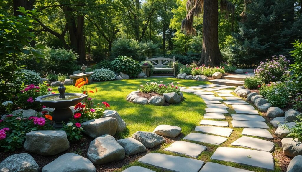 A serene garden scene showcasing creative uses of stones. In the foreground, a pathway made of smooth, flat stones winding through vibrant flower beds, bordered by natural river rocks. In the middle, there are decorative stone features such as a small rock fountain and a stone bench entwined with ivy. Lush greenery surrounds the area, with colorful flowers blooming alongside the stones. In the background, tall trees provide dappled sunlight, enhancing the calming atmosphere. The lighting is warm and inviting, with soft shadows cast on the path. The angle is slightly elevated, capturing the layout and harmony of the garden design, evoking a sense of peace and creativity in utilizing stones. A serene garden scene showcasing creative uses of stones. In the foreground, a pathway made of smooth, flat stones winding through vibrant flower beds, bordered by natural river rocks. In the middle, there are decorative stone features such as a small rock fountain and a stone bench entwined with ivy. Lush greenery surrounds the area, with colorful flowers blooming alongside the stones. In the background, tall trees provide dappled sunlight, enhancing the calming atmosphere. The lighting is warm and inviting, with soft shadows cast on the path. The angle is slightly elevated, capturing the layout and harmony of the garden design, evoking a sense of peace and creativity in utilizing stones.