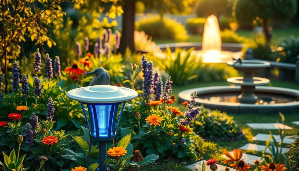 A serene garden scene showcasing effective mosquito traps. In the foreground, detail a sophisticated mosquito trap designed with a sleek, modern appearance, featuring bright colors like yellow and blue to attract insects. The middle ground should depict lush greenery, including fragrant plants known to repel mosquitoes, such as lavender and marigold, interspersed among vibrant flowers. In the background, a softly illuminated water source, like a small pond or birdbath, reflects the golden light of late afternoon, creating a tranquil atmosphere. Soft shadows cast by nearby trees enhance the peaceful mood. Use a slightly elevated angle to capture the layout of the garden, emphasizing the harmony between the natural elements and the traps. Aim for warm, inviting lighting to evoke a sense of comfort and effectiveness in mosquito control.