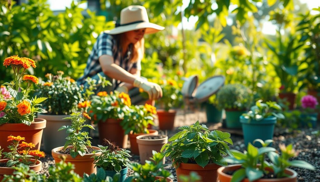A serene garden scene showcasing natural ant control methods. In the foreground, a diverse selection of plants, including marigolds, mint, and cinnamon sticks, are strategically placed to deter ants, all meticulously arranged in colorful pots. In the middle ground, a gardener in a sun hat and gloves kneels, gently applying diatomaceous earth around the base of a flowering plant, demonstrating organic pest control. The background features a lush garden with vibrant green foliage, sun dappled leaves illuminated by soft morning light. The mood is peaceful and harmonious, capturing the essence of eco-friendly gardening practices. Use a wide-angle lens to enhance the depth, focusing on the gardener's hands and the detailed plants, with natural sunlight casting warm, inviting shadows. A serene garden scene showcasing natural ant control methods. In the foreground, a diverse selection of plants, including marigolds, mint, and cinnamon sticks, are strategically placed to deter ants, all meticulously arranged in colorful pots. In the middle ground, a gardener in a sun hat and gloves kneels, gently applying diatomaceous earth around the base of a flowering plant, demonstrating organic pest control. The background features a lush garden with vibrant green foliage, sun dappled leaves illuminated by soft morning light. The mood is peaceful and harmonious, capturing the essence of eco-friendly gardening practices. Use a wide-angle lens to enhance the depth, focusing on the gardener's hands and the detailed plants, with natural sunlight casting warm, inviting shadows.