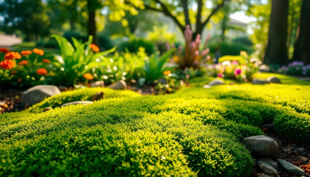 A serene garden scene showcasing the benefits of moss, prominently featuring lush green moss carpeting the ground, interspersed with colorful flowers and small rocks. In the foreground, there's a patch of vibrant moss, glistening with morning dew, inviting the viewer to observe its texture. The middle ground features a variety of plants, including ferns and shaded perennials, all thriving in a shady corner of the garden, highlighting how moss enhances plant health and moisture retention. The background is softly blurred, with trees and shrubs providing dappled light filtering through leaves, creating a tranquil atmosphere. The lighting is warm and diffused, reminiscent of early morning sunlight, enhancing the greens and earth tones. The image evokes a peaceful and holistic gardening environment that celebrates nature's simplicity and beauty.