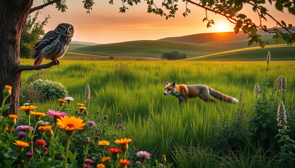 A serene garden scene showcasing the natural enemies of voles. In the foreground, a graceful owl perched on a tree branch, its keen eyes scanning the ground for movement. In the middle ground, a sleek fox stealthily prowls through lush grass, displaying its vibrant reddish-orange fur and alert demeanor. Surrounding them are colorful wildflowers and green foliage, creating a harmonious natural habitat. In the background, gentle hills roll under a softly glowing sunset, casting warm, golden light across the landscape. The atmosphere is tranquil yet charged with the anticipation of nature's predatory dance. The image is captured with a wide-angle lens, enhancing the depth and inviting viewers into this peaceful yet dynamic ecosystem. A serene garden scene showcasing the natural enemies of voles. In the foreground, a graceful owl perched on a tree branch, its keen eyes scanning the ground for movement. In the middle ground, a sleek fox stealthily prowls through lush grass, displaying its vibrant reddish-orange fur and alert demeanor. Surrounding them are colorful wildflowers and green foliage, creating a harmonious natural habitat. In the background, gentle hills roll under a softly glowing sunset, casting warm, golden light across the landscape. The atmosphere is tranquil yet charged with the anticipation of nature's predatory dance. The image is captured with a wide-angle lens, enhancing the depth and inviting viewers into this peaceful yet dynamic ecosystem.