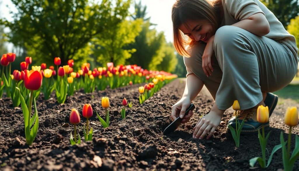 A serene garden scene showcasing the process of planting tulips. In the foreground, a person in casual, modest clothing is knelt down with a small trowel, carefully planting tulip bulbs in rich, dark soil. Their focused expression conveys diligence and care. The middle ground features rows of blooming tulips in vibrant colors—reds, yellows, and pinks—emerging from the earth, representing the beauty that will result from the planting effort. In the background, soft sunlight filters through lush green foliage, casting gentle shadows and enhancing the tranquil atmosphere. The sky is clear, suggesting a warm, inviting day, ideal for gardening. The composition emphasizes the relationship between gardening and nature, encouraging a sense of peace and accomplishment in cultivating life.