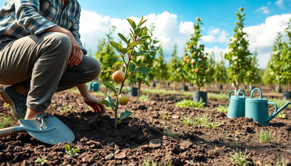A serene garden scene showcasing the technique of planting fruit trees, focusing on a gardener wearing modest casual clothing. In the foreground, the gardener is kneeling beside a young apple sapling, gently placing it into a freshly dug hole with rich, dark soil. Nearby, there are a few shovels and watering cans, emphasizing the planting tools. The middle ground features a variety of fruit trees such as peach and cherry, arranged with adequate spacing to allow for sunlight and growth. The background includes a bright blue sky and soft, fluffy clouds, creating a peaceful atmosphere. Gentle sunlight bathes the scene, highlighting the healthy green leaves and vibrant blossoms. The angle captures the depth of the garden, creating a sense of tranquility and purpose in nurturing nature. A serene garden scene showcasing the technique of planting fruit trees, focusing on a gardener wearing modest casual clothing. In the foreground, the gardener is kneeling beside a young apple sapling, gently placing it into a freshly dug hole with rich, dark soil. Nearby, there are a few shovels and watering cans, emphasizing the planting tools. The middle ground features a variety of fruit trees such as peach and cherry, arranged with adequate spacing to allow for sunlight and growth. The background includes a bright blue sky and soft, fluffy clouds, creating a peaceful atmosphere. Gentle sunlight bathes the scene, highlighting the healthy green leaves and vibrant blossoms. The angle captures the depth of the garden, creating a sense of tranquility and purpose in nurturing nature.