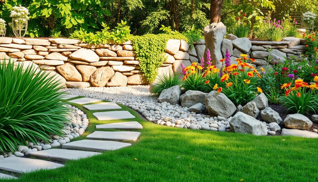 A serene garden scene showcasing the use of natural stones in landscaping design. In the foreground, a decorative stone pathway leads through lush greenery, bordered by carefully arranged polished pebbles and boulders. Midground features a beautifully constructed dry-stone wall, with plants cascading over its edge, creating a harmonious blend of nature and craftsmanship. In the background, vibrant flower beds flourish, emphasizing a variety of textures and colors alongside rustic stone features. The lighting is soft and warm, suggesting a late afternoon ambiance, with sunlight filtering through the leaves, casting gentle shadows. The overall mood is peaceful and inviting, inspiring a connection with nature through thoughtful stone placement in garden design.