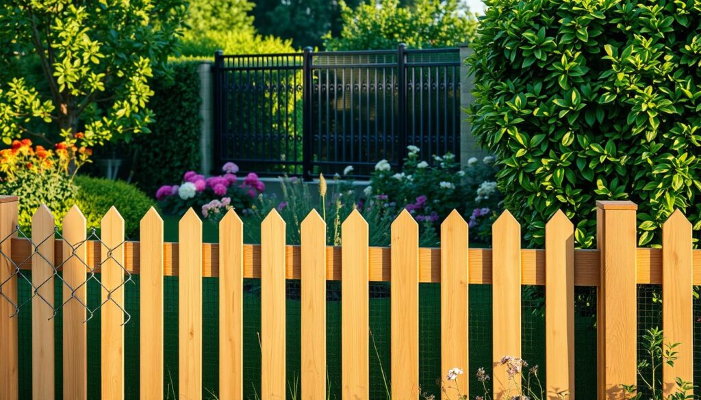 A serene garden scene showcasing various types of fences: a chain-link fence in the foreground, wooden panels with a natural finish to the left, and a lush green hedge or living fence on the right. In the background, a stylish metal panel fence adds modernity, surrounded by colorful flowers and greenery. The lighting is warm and soft, suggesting late afternoon sunlight, casting gentle shadows across the scene. The camera angle is slightly elevated, capturing the depth of the garden and the variety of fencing styles. The overall atmosphere is peaceful and inviting, highlighting the distinct characteristics and textures of each fence type in a harmonious setting.