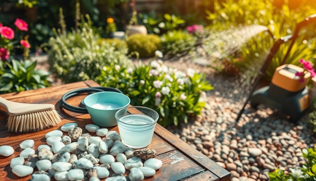 A serene garden setting featuring various methods for cleaning garden pebbles. In the foreground, a wooden table displays a collection of clean, shiny pebbles alongside tools like a soft brush, a hose, and a bucket filled with soapy water. The middle ground shows a garden area with a portable pressure washer being used, spraying water onto a patch of dirty pebbles, illustrating the cleaning process. In the background, lush green plants and flowers encircle the scene, bathed in warm, natural sunlight, creating a tranquil and inviting atmosphere. The overall mood is fresh and rejuvenating, emphasizing the joy of maintaining a clean garden. A serene garden setting featuring various methods for cleaning garden pebbles. In the foreground, a wooden table displays a collection of clean, shiny pebbles alongside tools like a soft brush, a hose, and a bucket filled with soapy water. The middle ground shows a garden area with a portable pressure washer being used, spraying water onto a patch of dirty pebbles, illustrating the cleaning process. In the background, lush green plants and flowers encircle the scene, bathed in warm, natural sunlight, creating a tranquil and inviting atmosphere. The overall mood is fresh and rejuvenating, emphasizing the joy of maintaining a clean garden.