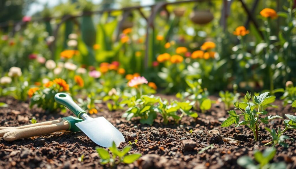 A serene garden setting focusing on preventive measures against the invasive garden pest, the garden soldier bug. In the foreground, a pair of well-maintained garden gloves and a small trowel rest on the soil, symbolizing active gardening practices. In the middle ground, a lush array of flowering plants and vegetables can be seen, attracting beneficial insects like ladybugs while keeping the pests at bay. In the background, a soft-focus image of a secure garden barrier made of natural materials subtly suggests protection against encroachment. The scene is bathed in soft daylight, creating an inviting and hopeful atmosphere perfect for gardening enthusiasts. The angle is slightly elevated, offering a comprehensive view of the garden’s vibrant yet controlled ecosystem. A serene garden setting focusing on preventive measures against the invasive garden pest, the garden soldier bug. In the foreground, a pair of well-maintained garden gloves and a small trowel rest on the soil, symbolizing active gardening practices. In the middle ground, a lush array of flowering plants and vegetables can be seen, attracting beneficial insects like ladybugs while keeping the pests at bay. In the background, a soft-focus image of a secure garden barrier made of natural materials subtly suggests protection against encroachment. The scene is bathed in soft daylight, creating an inviting and hopeful atmosphere perfect for gardening enthusiasts. The angle is slightly elevated, offering a comprehensive view of the garden’s vibrant yet controlled ecosystem.