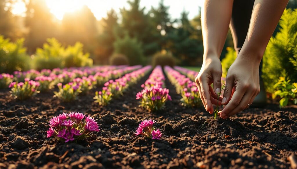 A serene garden setting showcasing the perfect time for planting heather. In the foreground, a pair of hands gently planting vibrant purple and pink heather flowers in rich, dark, acidic soil. The middle layer features neatly arranged rows of heather in varying stages of growth, surrounded by lush green foliage. The background displays soft-focus evergreen trees bathed in warm, golden sunlight, creating a tranquil atmosphere. Delicate shadows cast by the plants emphasize the textures of the soil and flowers. The scene is captured with a macro lens to highlight the details of the heather blossoms and the planting process, evoking a sense of harmony and connection to nature. A serene garden setting showcasing the perfect time for planting heather. In the foreground, a pair of hands gently planting vibrant purple and pink heather flowers in rich, dark, acidic soil. The middle layer features neatly arranged rows of heather in varying stages of growth, surrounded by lush green foliage. The background displays soft-focus evergreen trees bathed in warm, golden sunlight, creating a tranquil atmosphere. Delicate shadows cast by the plants emphasize the textures of the soil and flowers. The scene is captured with a macro lens to highlight the details of the heather blossoms and the planting process, evoking a sense of harmony and connection to nature.