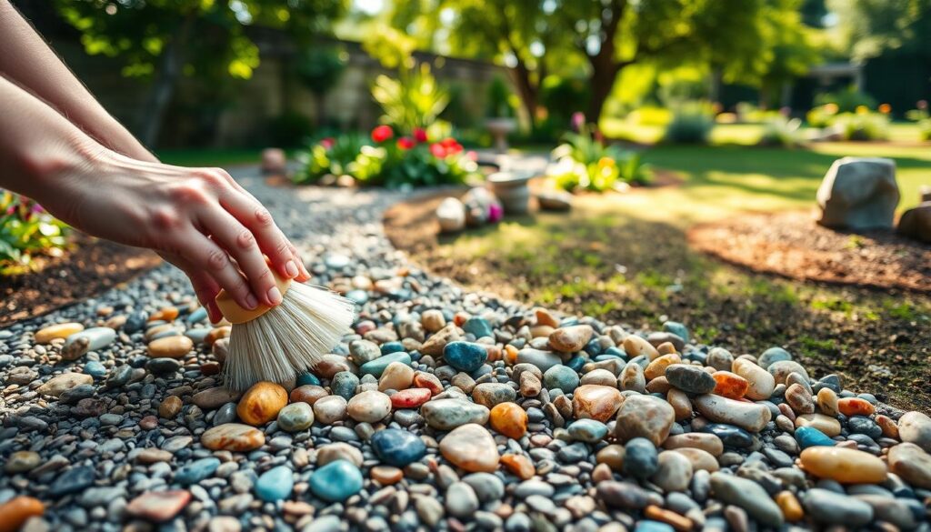A serene garden setting showcasing various types of colorful pebbles meticulously arranged along a gravel pathway. In the foreground, a close-up view of hands gently cleaning pebbles with a soft brush, revealing their vibrant colors and textures. The middle ground features neatly tended flower beds with lush greenery, enhancing the garden aesthetic, while decorative stones add charm. In the background, a soft-focus view of a sunny garden with dappled sunlight filtering through leaves, creating a warm and inviting atmosphere. Capture the scene with soft natural lighting, a slight depth of field to emphasize the cleaning action, and a bird's-eye perspective to provide a comprehensive view of the garden's beauty and the care of the pebbles. A serene garden setting showcasing various types of colorful pebbles meticulously arranged along a gravel pathway. In the foreground, a close-up view of hands gently cleaning pebbles with a soft brush, revealing their vibrant colors and textures. The middle ground features neatly tended flower beds with lush greenery, enhancing the garden aesthetic, while decorative stones add charm. In the background, a soft-focus view of a sunny garden with dappled sunlight filtering through leaves, creating a warm and inviting atmosphere. Capture the scene with soft natural lighting, a slight depth of field to emphasize the cleaning action, and a bird's-eye perspective to provide a comprehensive view of the garden's beauty and the care of the pebbles.