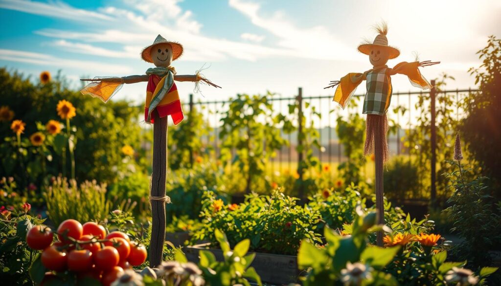 A serene garden setting under soft, golden sunlight. In the foreground, a rustic wooden bird scarecrow stands tall, adorned with bright fabric to deter birds, surrounded by colorful vegetable beds bearing ripe tomatoes and leafy greens. In the middle ground, a gentle breeze rustles through lush flowers and foliage, creating an inviting atmosphere. In the background, a fence lined with sunflowers and leafy shrubs shields the garden from the outside world. Wispy clouds drift in a clear blue sky, enhancing the peaceful yet vigilant mood of the scene. The composition should have a slight depth of field effect, drawing attention to the scarecrow while softly blurring the background. The overall tone is tranquil, yet protective, illustrating humane methods to guard fruits and vegetables against birds.