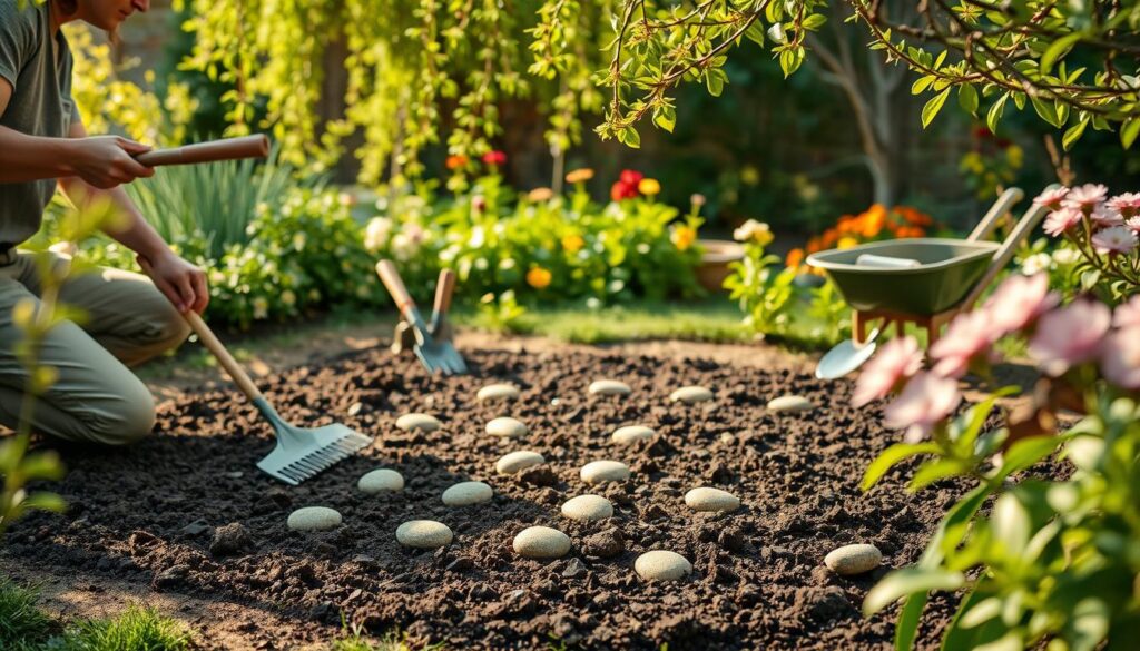A serene garden setup showcasing the process of preparing a base for decorative stones. In the foreground, a gardener in casual attire is kneeling, meticulously leveling soil with a rake. The middle ground features a neatly arranged area of rich, dark soil, ready for stones, surrounded by small garden tools, such as a spade and a wheelbarrow. In the background, vibrant green plants and flowers bloom, framing the scene, with soft sunlight filtering through gently swaying branches. The mood is tranquil and focused, emphasizing the care involved in garden crafting. The camera angle is slightly elevated, capturing both the preparation and the beauty of the surrounding garden environment, with a warm, natural light enhancing the colors and textures. A serene garden setup showcasing the process of preparing a base for decorative stones. In the foreground, a gardener in casual attire is kneeling, meticulously leveling soil with a rake. The middle ground features a neatly arranged area of rich, dark soil, ready for stones, surrounded by small garden tools, such as a spade and a wheelbarrow. In the background, vibrant green plants and flowers bloom, framing the scene, with soft sunlight filtering through gently swaying branches. The mood is tranquil and focused, emphasizing the care involved in garden crafting. The camera angle is slightly elevated, capturing both the preparation and the beauty of the surrounding garden environment, with a warm, natural light enhancing the colors and textures.