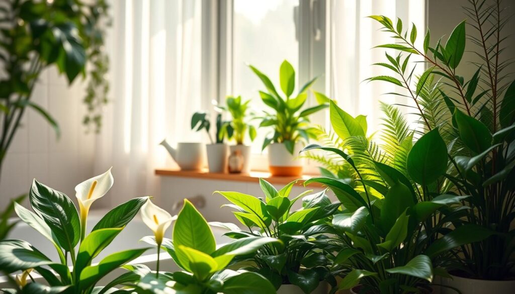 A serene indoor bathroom scene filled with lush, healthy potted plants, showcasing effective plant care techniques. In the foreground, a variety of vibrant houseplants such as peace lilies, snake plants, and ferns in stylish ceramic pots, with gently misted leaves reflecting a soft sheen. The middle ground features a small wooden shelf with plant care tools, including a watering can, pruning shears, and plant fertilizer. The background showcases a beautifully contrasted, light-filled window with sheer curtains, allowing natural sunlight to pour in, enhancing the greenery's richness. Soft, warm lighting creates a tranquil, inviting atmosphere, emphasizing the importance of plant care in a bathroom setting. The scene is visually balanced and harmonious, encouraging readers to connect with their plants.