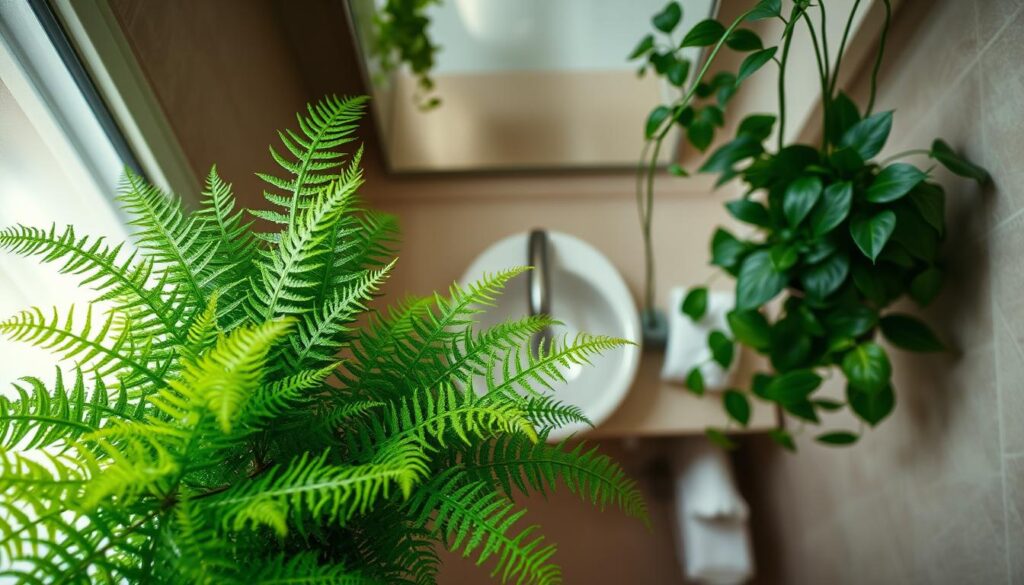 A serene, intimate bathroom scene without windows, featuring lush, moisture-loving houseplants ideal for low-light conditions. In the foreground, a cluster of vibrant ferns with intricate, frond-like leaves, accompanied by a couple of deep green pothos trailing elegantly from a shelf. The middle ground showcases a small, stylish ceramic sink, surrounded by soothing, neutral-toned tiles. In the background, soft, ambient lighting casts a warm glow, creating an inviting atmosphere. The overall feel should be peaceful and rejuvenating, highlighting the harmony between nature and a personal sanctuary, ideal for wellness and relaxation. The composition should be captured with a slight overhead angle, emphasizing the lush foliage and tranquil setting. A serene, intimate bathroom scene without windows, featuring lush, moisture-loving houseplants ideal for low-light conditions. In the foreground, a cluster of vibrant ferns with intricate, frond-like leaves, accompanied by a couple of deep green pothos trailing elegantly from a shelf. The middle ground showcases a small, stylish ceramic sink, surrounded by soothing, neutral-toned tiles. In the background, soft, ambient lighting casts a warm glow, creating an inviting atmosphere. The overall feel should be peaceful and rejuvenating, highlighting the harmony between nature and a personal sanctuary, ideal for wellness and relaxation. The composition should be captured with a slight overhead angle, emphasizing the lush foliage and tranquil setting.