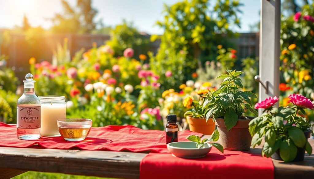 A serene outdoor scene depicting natural methods for deterring wasps in a vibrant garden setting. In the foreground, a rustic wooden table is adorned with a bright red cloth, featuring homemade repellents like citronella candles, a bowl of vinegar, and a small dish of essential oils. The middle ground showcases a lush garden filled with colorful flowers and foliage, with a few strategically placed potted plants known for repelling wasps, such as mint and basil. In the background, a clear blue sky filters soft sunlight, creating a warm and inviting atmosphere. The image focuses on the natural beauty of the garden while emphasizing the effective home remedies for wasp deterrence, evoking a peaceful and harmonious outdoor experience. A serene outdoor scene depicting natural methods for deterring wasps in a vibrant garden setting. In the foreground, a rustic wooden table is adorned with a bright red cloth, featuring homemade repellents like citronella candles, a bowl of vinegar, and a small dish of essential oils. The middle ground showcases a lush garden filled with colorful flowers and foliage, with a few strategically placed potted plants known for repelling wasps, such as mint and basil. In the background, a clear blue sky filters soft sunlight, creating a warm and inviting atmosphere. The image focuses on the natural beauty of the garden while emphasizing the effective home remedies for wasp deterrence, evoking a peaceful and harmonious outdoor experience.