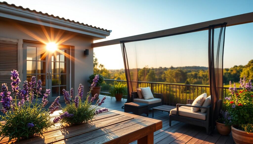 A serene outdoor terrace bathed in soft, warm light during the late afternoon. In the foreground, a wooden table adorned with natural insect-repelling plants like lavender and citronella, their vibrant colors lively against the rustic wood. In the middle ground, a stylishly arranged seating area with comfortable cushions, featuring a modern screen or netting effectively keeping mosquitoes at bay, blending functionality with elegance. The background showcases a beautiful garden, lush greenery, and flowering plants under a clear blue sky, enhancing the peaceful atmosphere. The image conveys a sense of tranquility and safety, emphasizing effective mosquito protection while enjoying the charm of outdoor living. A serene outdoor terrace bathed in soft, warm light during the late afternoon. In the foreground, a wooden table adorned with natural insect-repelling plants like lavender and citronella, their vibrant colors lively against the rustic wood. In the middle ground, a stylishly arranged seating area with comfortable cushions, featuring a modern screen or netting effectively keeping mosquitoes at bay, blending functionality with elegance. The background showcases a beautiful garden, lush greenery, and flowering plants under a clear blue sky, enhancing the peaceful atmosphere. The image conveys a sense of tranquility and safety, emphasizing effective mosquito protection while enjoying the charm of outdoor living.