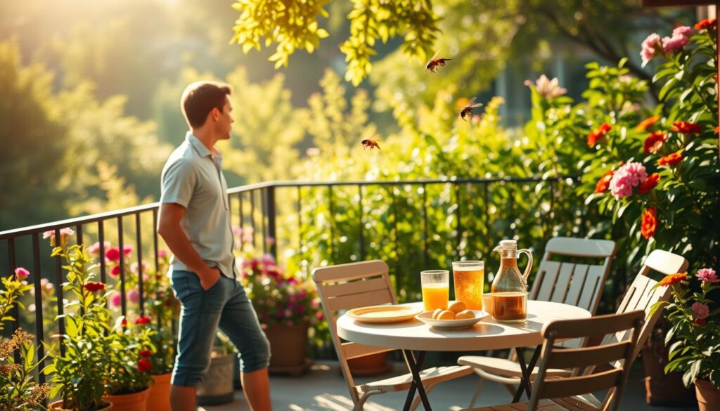 A serene outdoor terrace setting in a lush garden, bathed in warm afternoon sunlight. In the foreground, a small table is set with a charming picnic spread, featuring fruit, drinks, and a couple of colorful plates, creating a welcoming atmosphere. A cautious individual in modest casual clothing is seen observing the area, showing awareness of their surroundings. Surrounding the terrace, vibrant flowers and greenery thrive, while a few playful wasps buzz nearby, hinting at the challenge of avoiding stings. The image captures the essence of tranquility and caution, with a soft focus on the individual and a vivid, detailed representation of the outdoor environment, showcasing the balance of enjoyment and awareness in nature. A serene outdoor terrace setting in a lush garden, bathed in warm afternoon sunlight. In the foreground, a small table is set with a charming picnic spread, featuring fruit, drinks, and a couple of colorful plates, creating a welcoming atmosphere. A cautious individual in modest casual clothing is seen observing the area, showing awareness of their surroundings. Surrounding the terrace, vibrant flowers and greenery thrive, while a few playful wasps buzz nearby, hinting at the challenge of avoiding stings. The image captures the essence of tranquility and caution, with a soft focus on the individual and a vivid, detailed representation of the outdoor environment, showcasing the balance of enjoyment and awareness in nature.