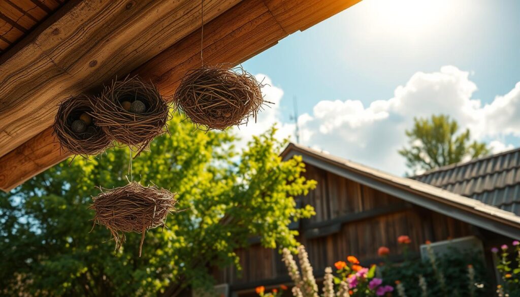 A serene scene depicting bird nests under a traditional Polish roof. In the foreground, three distinct nests made of twigs, grass, and feathers are nestled in the eaves, showcasing the intricate craftsmanship of local bird species like sparrows and swallows. The middle ground features a rustic wooden house with weathered shingles, surrounded by lush green trees and vibrant flowers that add a touch of color. The background includes a clear blue sky with soft, fluffy clouds, bathing the entire scene in warm, golden sunlight, creating a tranquil and inviting atmosphere. The perspective is slightly angled from below, enhancing the sense of depth while focusing on the nests. This image captures the essence of birdlife in Poland, perfect for an article highlighting birds that nest under roofs.