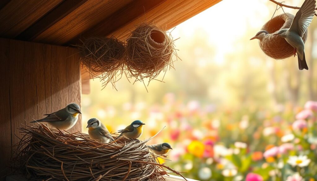 A serene scene showing various species of birds building nests under a traditional wooden roof. In the foreground, a pair of house sparrows is busy weaving twigs and grass into a cozy nest, while a blue tit flits nearby, inspecting its surroundings. In the middle ground, a swallows' nest clings to the eaves, showcasing intricate mud and straw construction. The background features a blurred view of a garden filled with colorful flowers and trees, bathed in warm, soft sunlight. The atmosphere is peaceful and lively, capturing the essence of birds in their natural nesting behavior. The image should be detailed, showcasing the textures of the birds' feathers and the materials of the nests, with a focus on vibrant colors and lively expressions.