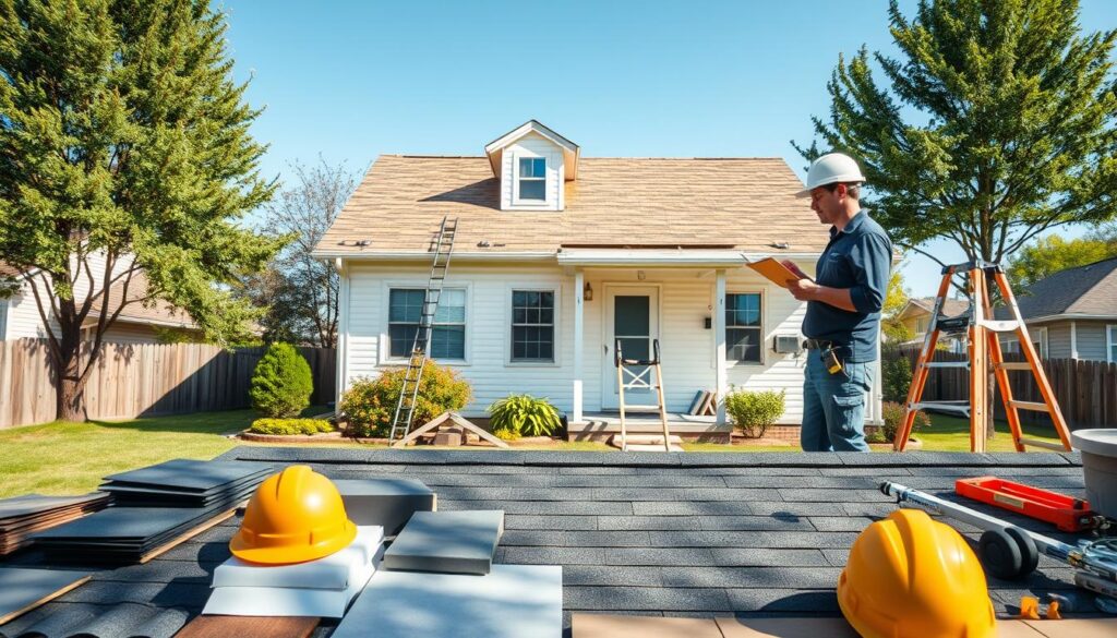 A serene suburban scene featuring a modest house under renovation, focusing on a partially completed roof. In the foreground, a homeowner wearing professional casual attire is consulting with a contractor, who is outlining plans on a clipboard. The middle ground illustrates various roofing materials, showcasing options like shingles and tiles, alongside safety equipment such as helmets and ladders. In the background, a clear blue sky hints at a sunny day, casting soft shadows on the house, creating a welcoming atmosphere. The composition is shot from a slightly elevated angle, giving a comprehensive view of the project while emphasizing teamwork and planning. The lighting is bright and natural, evoking a sense of optimism and careful consideration.