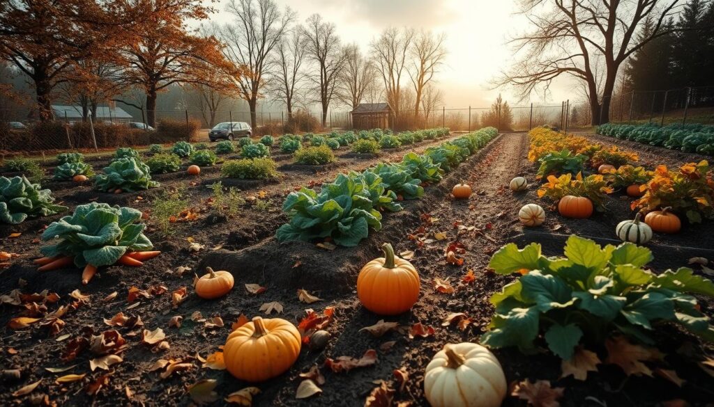 A serene vegetable garden in autumn transitioning into winter, showcasing organized beds with various vegetables like carrots, kale, and squash. In the foreground, scattered fallen leaves and a few ripe pumpkins are scattered on the ground. In the middle, rows of freshly turned earth with protective mulch and frost-covered plants indicate the preparation for winter. The background features trees shedding their leaves, a misty sky, and gentle rays of sunlight breaking through the clouds to create a warm yet cool atmosphere. Soft focus on the edges, with a slight depth of field highlighting the vibrant colors of the remaining vegetables, evokes a sense of calm and readiness for the season change. A serene vegetable garden in autumn transitioning into winter, showcasing organized beds with various vegetables like carrots, kale, and squash. In the foreground, scattered fallen leaves and a few ripe pumpkins are scattered on the ground. In the middle, rows of freshly turned earth with protective mulch and frost-covered plants indicate the preparation for winter. The background features trees shedding their leaves, a misty sky, and gentle rays of sunlight breaking through the clouds to create a warm yet cool atmosphere. Soft focus on the edges, with a slight depth of field highlighting the vibrant colors of the remaining vegetables, evokes a sense of calm and readiness for the season change.