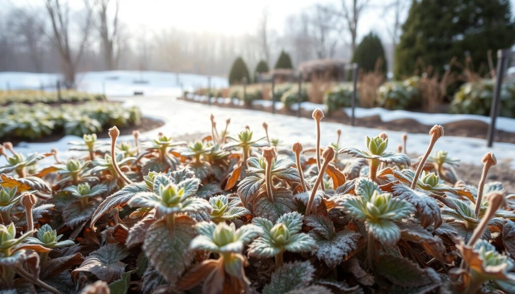 A serene winter garden scene focusing on mint plants in their dormant state, showcasing their dried leaves and stems, gently covered with a light frost. In the foreground, a patch of mint is visible with its distinctive serrated leaves, now brittle and brown. The middle ground features beds of perennial plants, with the mint nestled among them. In the background, bare trees and a soft blanket of snow add to the winter atmosphere. Soft, diffused sunlight filters through the clouds, casting a gentle glow over the scene, enhancing the tranquil and peaceful mood. A close-up perspective allows viewers to appreciate the textures of the frost and the mint, evoking a sense of calm and reflection on seasonal changes in the garden. A serene winter garden scene focusing on mint plants in their dormant state, showcasing their dried leaves and stems, gently covered with a light frost. In the foreground, a patch of mint is visible with its distinctive serrated leaves, now brittle and brown. The middle ground features beds of perennial plants, with the mint nestled among them. In the background, bare trees and a soft blanket of snow add to the winter atmosphere. Soft, diffused sunlight filters through the clouds, casting a gentle glow over the scene, enhancing the tranquil and peaceful mood. A close-up perspective allows viewers to appreciate the textures of the frost and the mint, evoking a sense of calm and reflection on seasonal changes in the garden.
