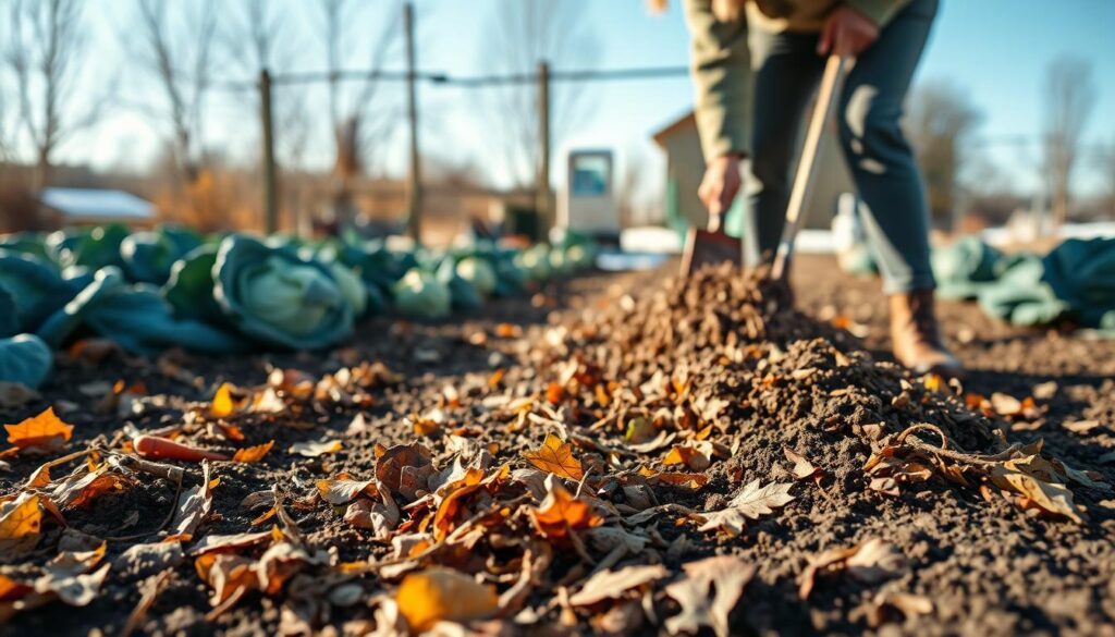 A serene winter vegetable garden preparing for the cold months ahead, focusing on organized rows of crops like carrots, cabbages, and kale, partially harvested and surrounded by fallen autumn leaves. In the foreground, a person in modest casual clothing gently covers soil with mulch, ensuring protection for the crops. In the middle ground, newly applied compost and organic fertilizers are visible, enhancing the earthy tones. The background is a soft-focus scene of a bare trellis and garden tools resting against a shed, under a clear blue sky and soft winter sunlight, creating a tranquil and productive atmosphere that conveys care and preparation for the season. The composition is shot from a low angle to emphasize the garden's depth and the tactile textures of the soil and leaves. A serene winter vegetable garden preparing for the cold months ahead, focusing on organized rows of crops like carrots, cabbages, and kale, partially harvested and surrounded by fallen autumn leaves. In the foreground, a person in modest casual clothing gently covers soil with mulch, ensuring protection for the crops. In the middle ground, newly applied compost and organic fertilizers are visible, enhancing the earthy tones. The background is a soft-focus scene of a bare trellis and garden tools resting against a shed, under a clear blue sky and soft winter sunlight, creating a tranquil and productive atmosphere that conveys care and preparation for the season. The composition is shot from a low angle to emphasize the garden's depth and the tactile textures of the soil and leaves.