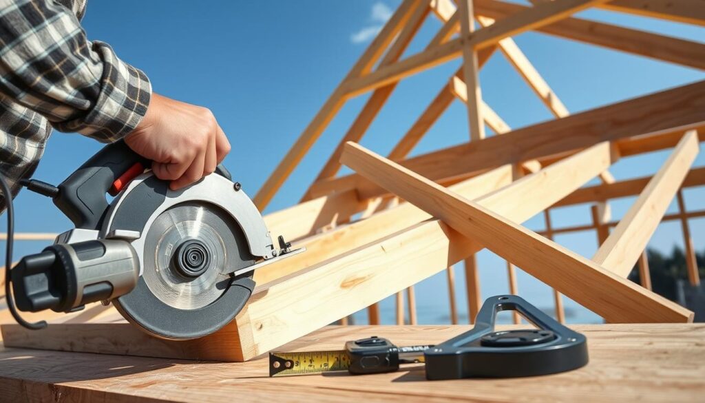 A skilled carpenter carefully measures wooden rafters for a monopitch roof, focusing on the accuracy of angled cuts. In the foreground, there is a detailed close-up of a hand holding a circular saw positioned at the correct angle against the rafter. The middle ground features an array of tools neatly organized: a measuring tape, a protractor, and a chalk line, all on a wooden workbench. The background includes a partially constructed roof structure with a clear blue sky above, emphasizing a sunny day. Soft, natural lighting highlights the textures of the wood and the quality of the tools, creating a mood of professionalism and precision in the workspace.