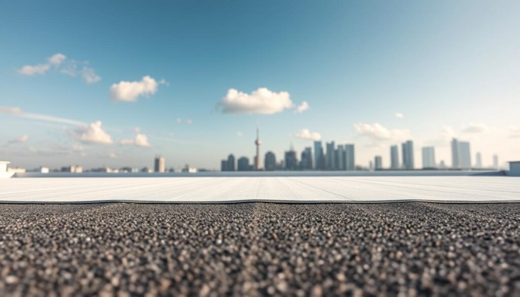 A sleek, modern flat roof featuring innovative materials such as EPDM membranes. In the foreground, showcase the textured surface of the roof, with intricate details highlighting the material's durability and design. The middle layer should include a subtle gradient of colors reflecting the sky's hues, suggesting a sunny day with a few fluffy clouds. In the background, silhouette the outlines of a contemporary urban skyline, emphasizing the roof's integration into modern architecture. Use bright, natural lighting to evoke a sense of freshness and innovation. Capture the scene from a low angle to create depth, focusing on the roof's materials and showcasing its functionality in a stylish and professional manner. The mood should be optimistic and forward-thinking, reflecting advancements in roofing technology.