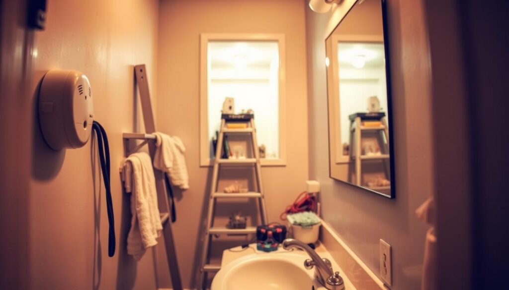 A small, cluttered bathroom featuring common mistakes in carbon monoxide detector installation. In the foreground, a wall-mounted detector improperly positioned too low above a sink. Nearby, a ladder leaning against the wall indicates an attempt at installation. In the middle, a poorly organized toolset is visible, with wires tangled and some tools scattered on the counter. The background showcases a bathroom mirror reflecting dim overhead lighting, creating a slightly chaotic atmosphere. The scene should be illuminated with soft, warm light, emphasizing the errors clearly without overwhelming the viewer. Capture the setting from a slightly elevated angle to showcase the details of the installation mistakes, ensuring a clear focus on the detector’s incorrect placement.