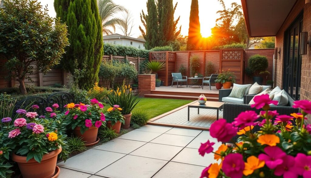 A small garden with an elegant terrace, featuring a cozy seating arrangement of tasteful furniture. In the foreground, colorful flowering plants in pots add a vibrant touch, while low-maintenance greenery lines the edges. The middle ground showcases a well-designed terrace with wooden decking, complemented by decorative screens for privacy and shade. The background reveals a soft sunset glow, casting warm light over the scene, with a few tall trees and shrubs framing the garden. The atmosphere is serene and inviting, perfect for relaxation. Shot from a slightly elevated angle, emphasizing the layout of the garden and terrace, while maintaining a detailed and crisp focus on the lush plants and furniture. A small garden with an elegant terrace, featuring a cozy seating arrangement of tasteful furniture. In the foreground, colorful flowering plants in pots add a vibrant touch, while low-maintenance greenery lines the edges. The middle ground showcases a well-designed terrace with wooden decking, complemented by decorative screens for privacy and shade. The background reveals a soft sunset glow, casting warm light over the scene, with a few tall trees and shrubs framing the garden. The atmosphere is serene and inviting, perfect for relaxation. Shot from a slightly elevated angle, emphasizing the layout of the garden and terrace, while maintaining a detailed and crisp focus on the lush plants and furniture.
