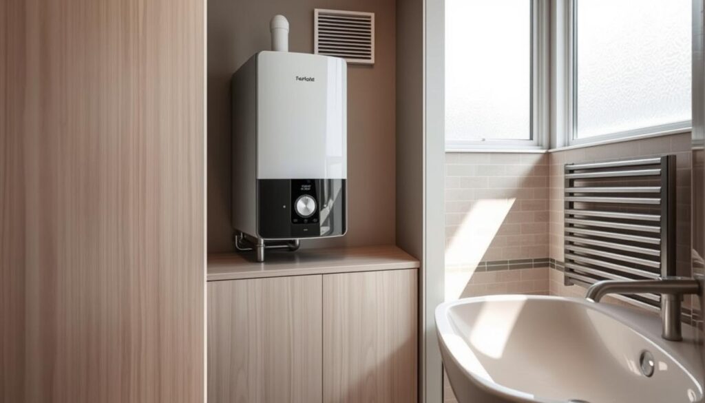 A small, modern bathroom featuring a cleverly concealed boiler within a custom cabinet. In the foreground, the cabinet is designed with sleek, minimalist lines, incorporating neutral tones and subtle textures to blend seamlessly with the surrounding decor. The middle ground showcases the surrounding bathroom space, with contemporary tiles and a small sink area, adding to the overall functionality. Soft, natural light streams in through a nearby frosted window, creating a warm and inviting atmosphere. In the background, practical ventilation elements are subtly integrated, ensuring efficiency without compromising aesthetics. The angle is slightly elevated, providing a comprehensive view that highlights the clever storage solutions typical of small spaces. The scene evokes a sense of harmony and innovation in design.