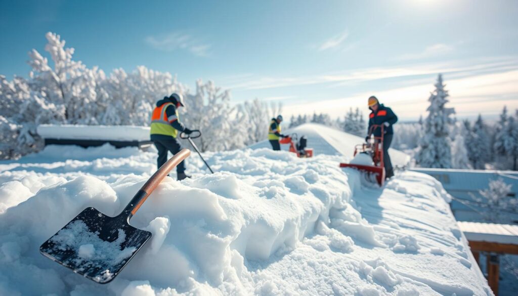 A snowy rooftop covered in thick layers of fresh snow, with a team of professionals wearing proper safety gear, carefully clearing the snow with specialized equipment. The foreground shows a close-up of a shovel and a snow blower, emphasizing the tools used for roof snow removal. In the middle, the workers are actively engaged in safe practices, demonstrating teamwork and focus on safety measures. The background features a wintery landscape with snow-laden trees and a clear blue sky, conveying a crisp, cold atmosphere with bright sunlight casting soft shadows. The overall mood is one of diligence and professionalism in snow management, highlighting why roof snow removal is crucial for safety. A snowy rooftop covered in thick layers of fresh snow, with a team of professionals wearing proper safety gear, carefully clearing the snow with specialized equipment. The foreground shows a close-up of a shovel and a snow blower, emphasizing the tools used for roof snow removal. In the middle, the workers are actively engaged in safe practices, demonstrating teamwork and focus on safety measures. The background features a wintery landscape with snow-laden trees and a clear blue sky, conveying a crisp, cold atmosphere with bright sunlight casting soft shadows. The overall mood is one of diligence and professionalism in snow management, highlighting why roof snow removal is crucial for safety.