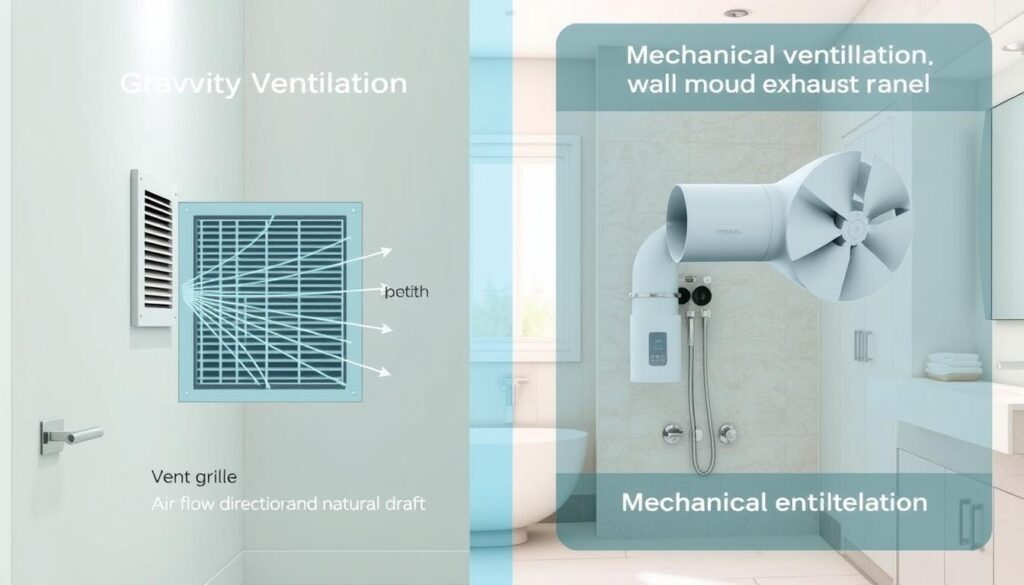 A split-view diagram illustrating the contrast between gravity ventilation and mechanical ventilation systems in a modern bathroom environment. In the foreground, showcase a detailed schematic of gravity ventilation with a vent grille on the wall, demonstrating air flow direction and natural draft principles, using soft overhead lighting to enhance clarity. In the middle ground, depict mechanical ventilation with a wall-mounted exhaust fan, complete with ducts and a control panel, set against a contemporary bathroom backdrop featuring neutral colors and stylish tiles. The background should include subtle elements like a window to emphasize natural light, providing a clean and professional atmosphere. The overall mood is informative and technical, perfect for educating readers about ventilation types in bathrooms.